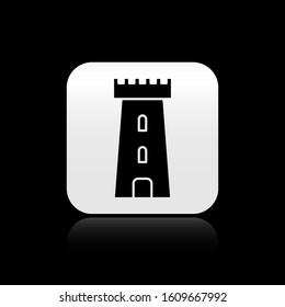 Black Castle tower icon isolated on black background. Fortress sign. Silver square button. Vector Illustration