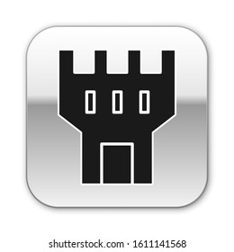 Black Castle tower icon isolated on white background. Fortress sign. Silver square button. Vector Illustration