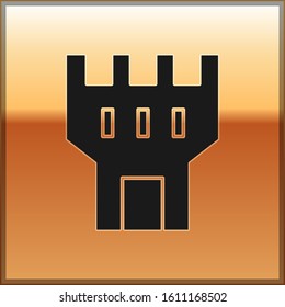 Black Castle tower icon isolated on gold background. Fortress sign.  Vector Illustration