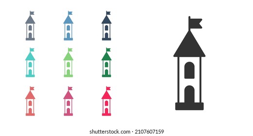 Black Castle tower icon isolated on white background. Fortress sign. Set icons colorful. Vector