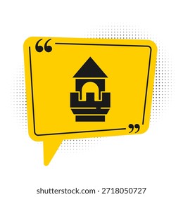 Icono negro de la torre del castillo aislado en el fondo blanco. Señal de fortaleza. Símbolo amarillo de la burbuja del discurso. Vector