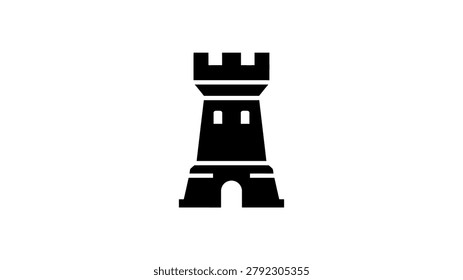 A black castle tower icon on white background