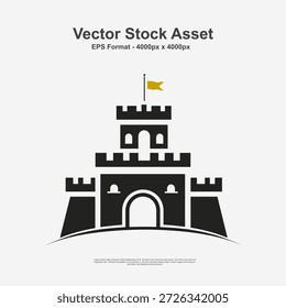 Castelo preto com bandeira ondulada ilustrada em estilo de arte desenhado à mão. Esta cena medieval é um design vetorial limpo em formato EPS, perfeito para temas de fantasia, ativos de jogos e projetos de ilustração criativa.