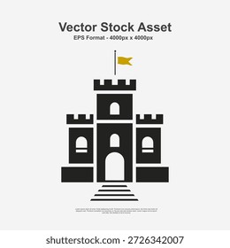 Castelo preto com bandeira ondulada ilustrada em estilo de arte desenhado à mão. Esta cena medieval é um design vetorial limpo em formato EPS, perfeito para temas de fantasia, ativos de jogos e projetos de ilustração criativa.