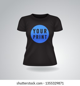 Black casual woman T-shirt with short sleeves mock up, place for print, template, isolated, vector illustration