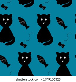Schwarze Katze und Accessoires auf blauem Hintergrund: Fisch, Bogen. Nahtloses Muster.