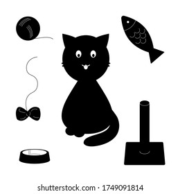 Black cat and accessories on a white background: fish, bow, bowl, ball of wool, toys, scratching post.