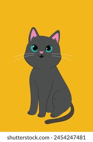 Black cat. Adorable black cat with green eyes. Yellow background. Children vector illustration