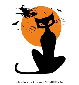 Black cat against the background of a full orange moon with a witch flying on a broomstick. Halloween elements for decoration of flyer, invitation, greeting card. Vector on transparent background