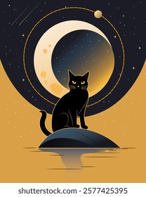 Black cat against the sky.Vector illustration with a black cat against the background of the night sky, moon and stars.