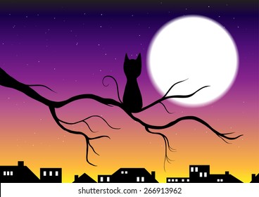 Black Cat Alone with Moon in Starry Night Background - vector