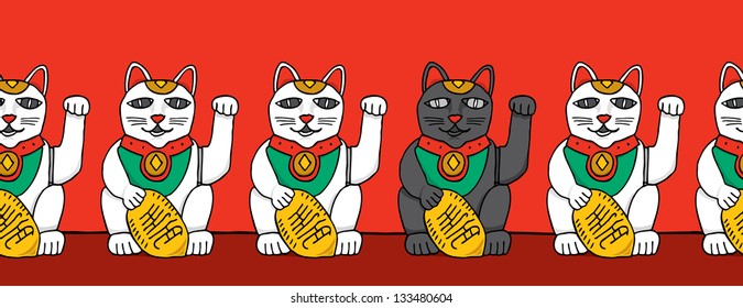 Black cat among white fortune cats