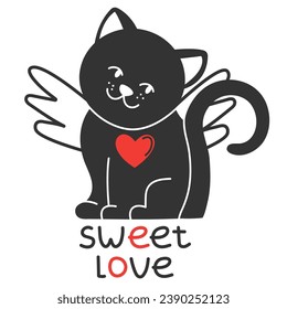 A black cat with angel wings. A big red heart in his chest. Vector image for postcards, stickers