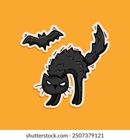 Black cat angry and bat illustration sticker style vector design isolated in an orange background