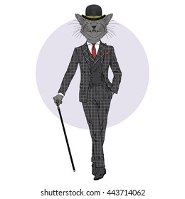 black cat animal dressed up in vintage tweed suit with walking stick, furry art illustration, fashion animals