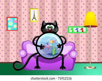 black cat with an aquarium