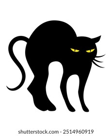 Black cat with an arched back. Vector clipart isolated on white background.