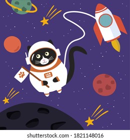 Сute black cat astronaut in a space suit. With a flag in his paws. On a cosmic purple background. Doodle flat illustration vector.