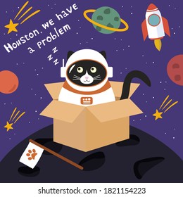 С usar astronauta de gatos blancos y negros con un traje espacial sentado en una caja. Sobre un fondo cósmico morado. Postal. Vector de ilustración plana Doodle.