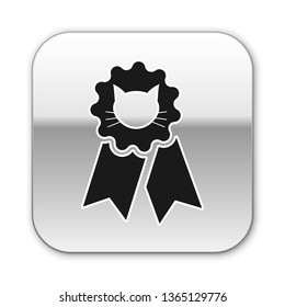 Black Cat award symbol icon isolated on white background. Medal with cat footprint as pets exhibition winner concept. Silver square button. Vector Illustration