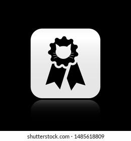 Black Cat award symbol icon isolated on black background. Medal with cat footprint as pets exhibition winner concept. Silver square button. Vector Illustration