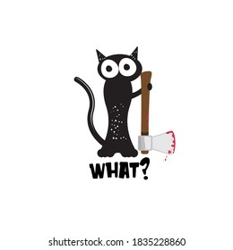 Gato negro y hacha aislado en fondo blanco. Gracioso gato negro de Halloween sosteniendo un hacha sangriento. Ilustración del concepto de Halloween