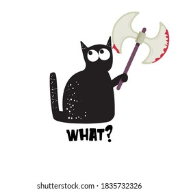 Gato negro y hacha aislado en fondo blanco. Gracioso gato negro de Halloween sosteniendo un hacha sangriento. Ilustración del concepto de Halloween