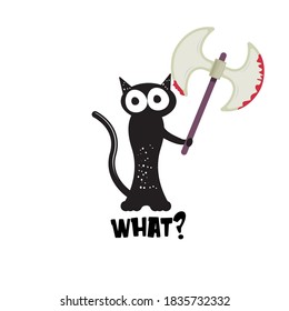 Gato negro y hacha aislado en fondo blanco. Gracioso gato negro de Halloween sosteniendo un hacha sangriento. Ilustración del concepto de Halloween