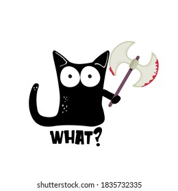 Gato negro y hacha aislado en fondo blanco. Gracioso gato negro de Halloween sosteniendo un hacha sangriento. Ilustración del concepto de Halloween