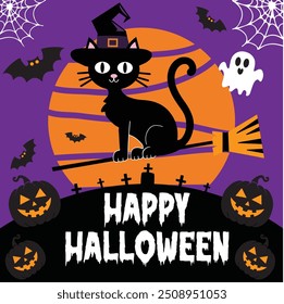 Black cat background with pumpkins witch hat, spooky and bats