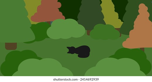 Black cat background sleeping in the middle of the meadow surrounded by the forest. Vector illustration, green tree.