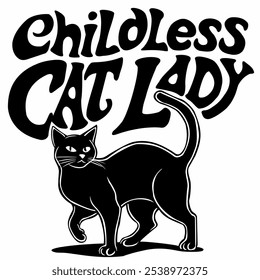 Un gato negro con un fondo que dice "Childless Cat Lady"