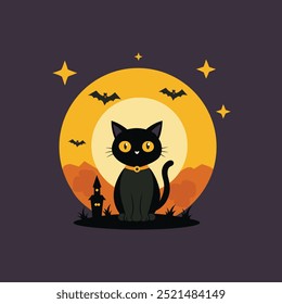 black cat background with witch house, bat and star