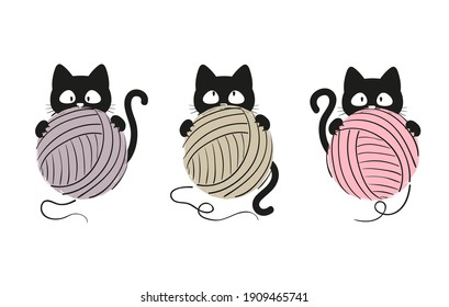 Black cat with a ball of yarn. Knitting set, vector illustration