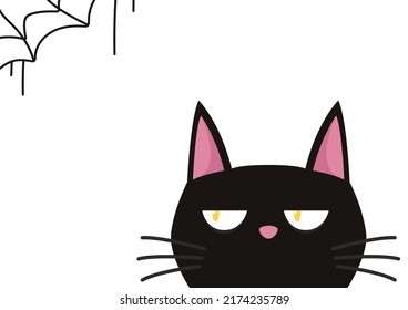 Black cat banner. Black kitten face head. Funny Cute kawaii cartoon baby character. Happy Halloween. Flat design. White background. Vector