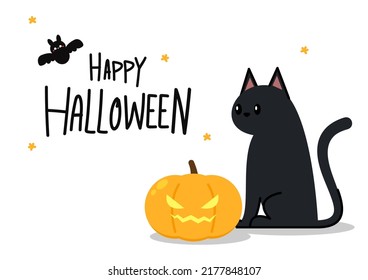 Black cat banner. Black kitten. Funny Cute kawaii cartoon baby character. Happy Halloween. Flat design. White background. Vector
