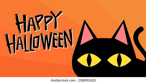 Black cat banner. Black kitten. Funny Cute kawaii cartoon baby character. Happy Halloween. Flat design. White background. Vector