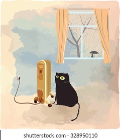 Black cat basking near the heater. It's raining behind a window. Vector illustration