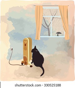 Black cat basking near the heater. It's raining behind a window. Vector illustration