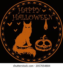 Black cat, bat and pumpkin on dark background.  Halloween greeting card, stamp. Vector illustration