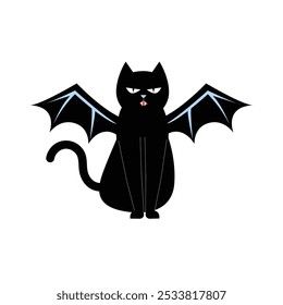 Gato Negro Con Alas De Murciélago En Ilustración vectorial Plana Que Simboliza El Espíritu De Halloween, La Superstición Y El Misterio, Aislado Sobre Fondo Blanco