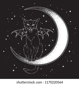 Black cat with bat wings sitting on the crescent moon isolated line art and dotwork vector illustration. Witches familiar spirit animal, gothic style card or poster design