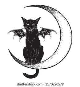 Black cat with bat wings sitting on the crescent moon isolated line art and dotwork vector illustration. Witches familiar spirit animal, gothic style card or poster design