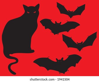 Black cat and bats vector image perfect for adding into a halloween themed design.