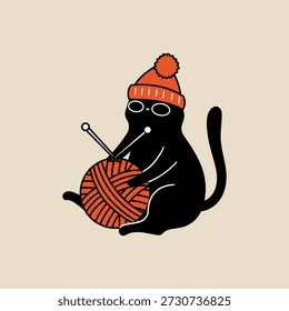 Black cat in a beanie hat knitting with needles