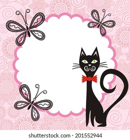 Black cat and beautiful pattern frame for happy birthday greeting card vector illustration