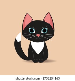 Black cat with big blue eyes isolated on beige background.  Cute cartoon kitten. Lovely little cat. Playful pet animal. Vector illustration.