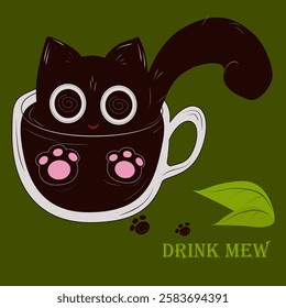 a black cat with big eyes and pink paws sits in a cup of coffee cat liquid to drink green background, paw prints, coffee drink