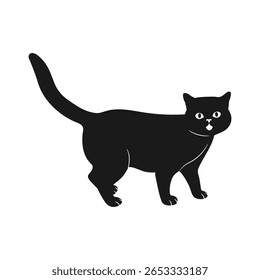 Black cat with big eyes standing and meowing isolated on white background. Vector illustration