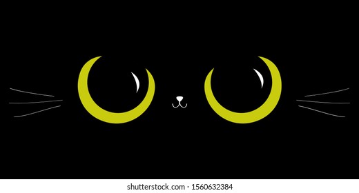 Black cat big green eyes. Moustaches, nose head face. Cute cartoon character. Baby pet animal collection. Happy Halloween. Flat design. Black background. Vector illustration